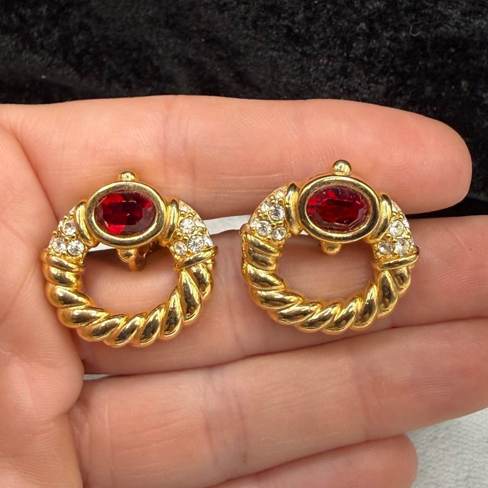 Vintage Swarovski Earrings Red Rhinestone Gold Door Knocker Clip On One Size